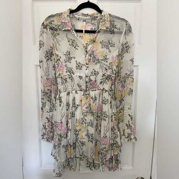 Free People White Sheer Floral Puff Long Sleeve Collared Button Up Flowy Dress - Picture 4 of 15